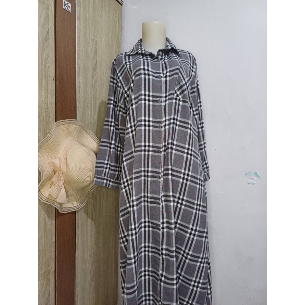COD Gamis Kemeja Flanel Kotak Premium (Ld 114) Cantik