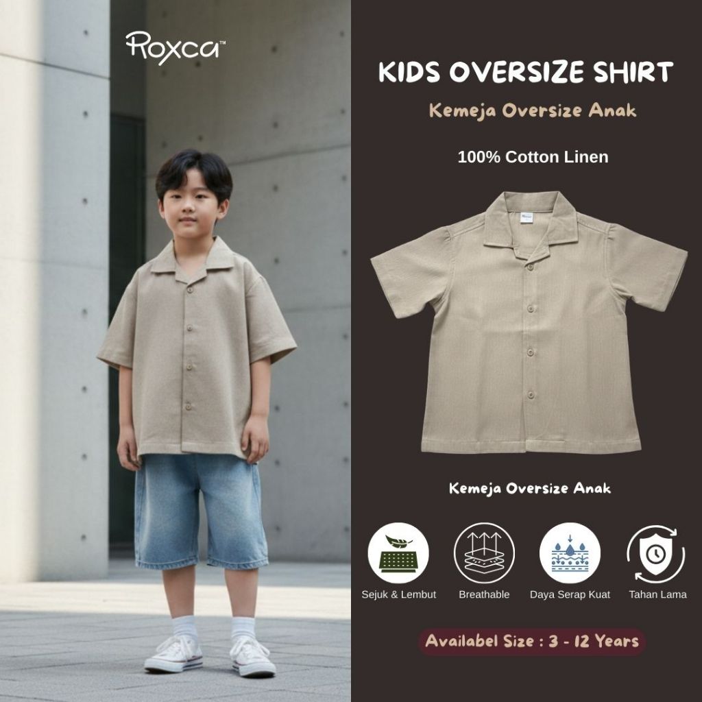 Roxca | Kemeja Oversize Anak Boxy Polos Unisex Lengan Pendek Cotton Linen Premium Baju Atasan