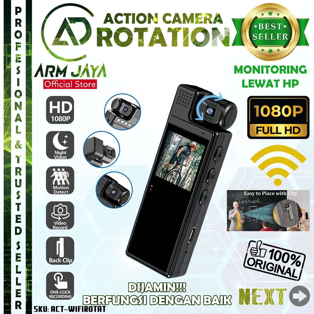 Hidden Spy Cam Klip Saku WiFi Kamera Aksi Action Cam 180° Rotasi Camera Button Pocket Pengintai Mini