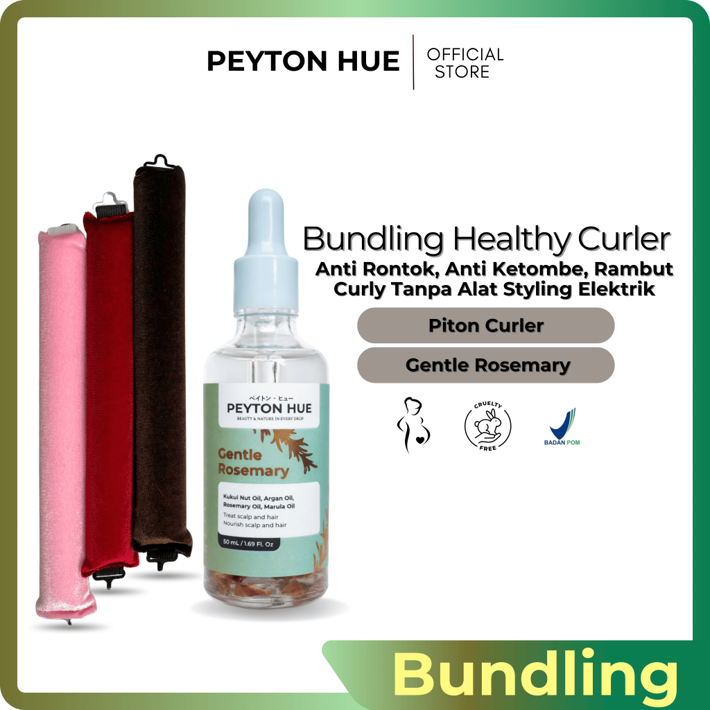 Peyton Hue - Gentle Bloom Gentle Rosemary Hair Oil + Heatless Curler untuk Rambut Curly Sehat, Anti 