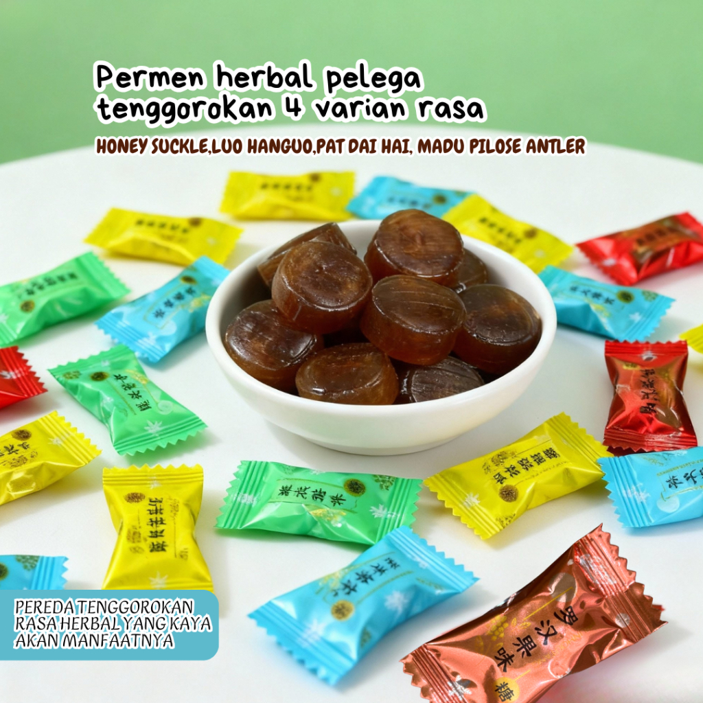Permen Herbal Pereda Sakit Tenggorokan 4 Rasa Luo Han Guo Honeysuckle Pat Hai Hai Madu Niose Antler 