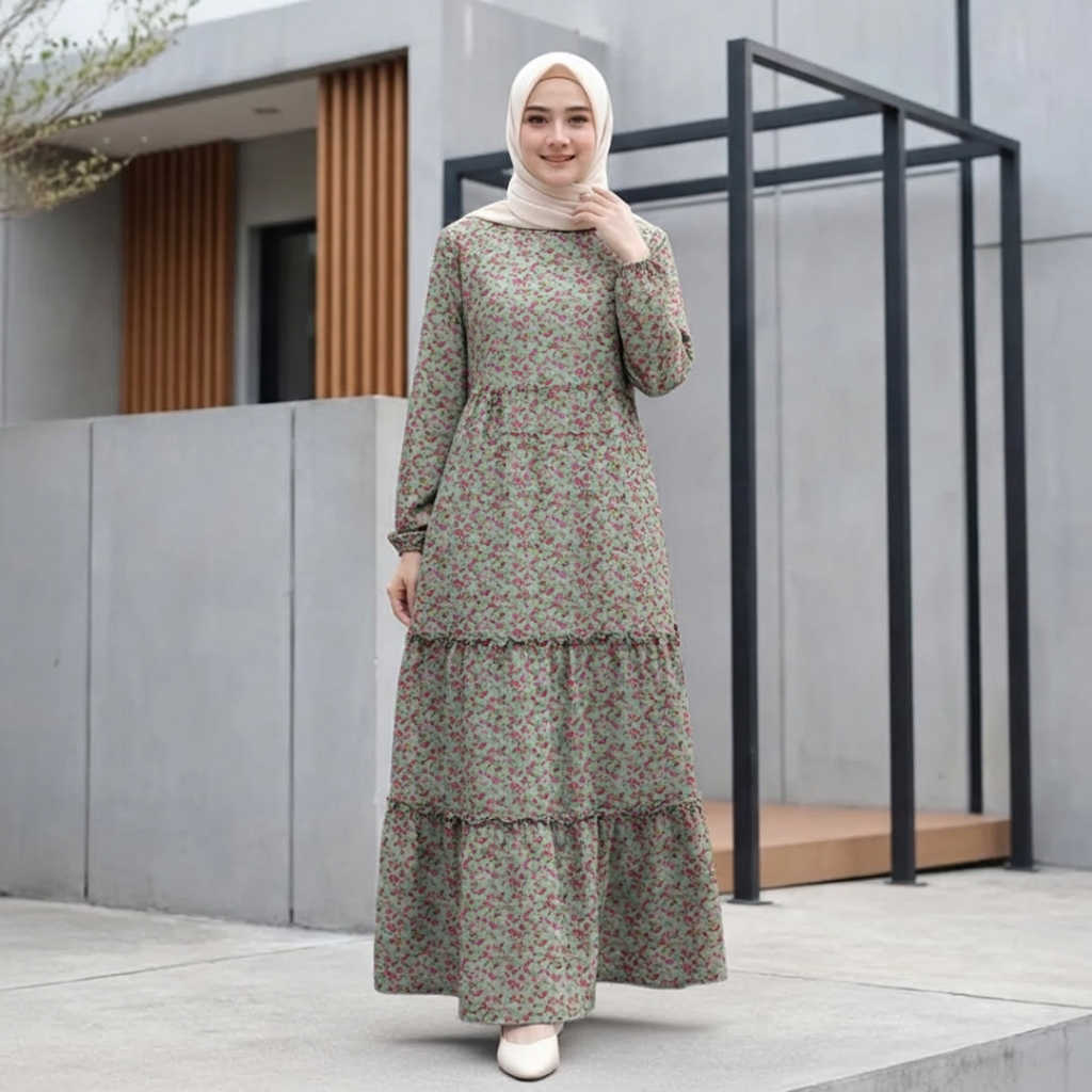 Dress Susun Motif Bunga  Basicc Susun Rempel stylish