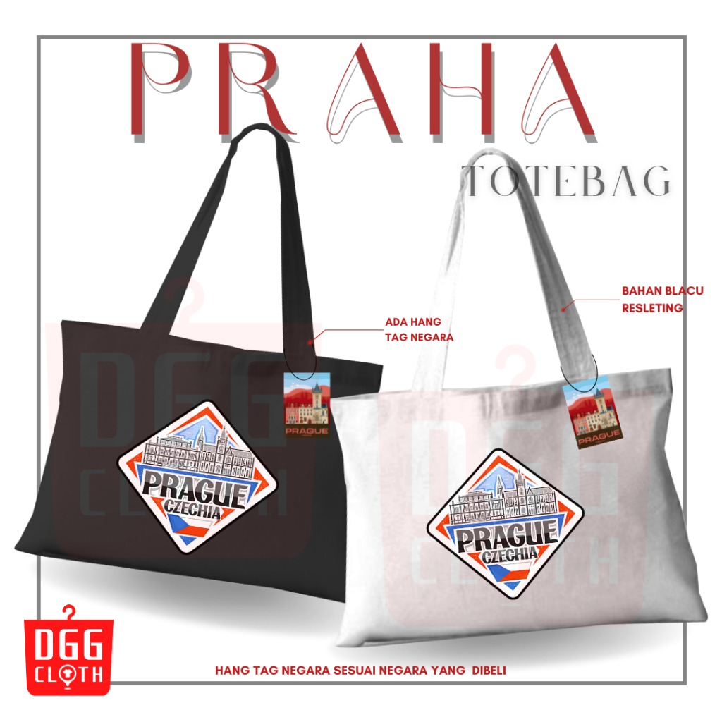 DGGCloth Tote Bag Praha, Totebag Sablon Oleh Oleh Praha Bahan Blacu Dengan Perekat Type 6