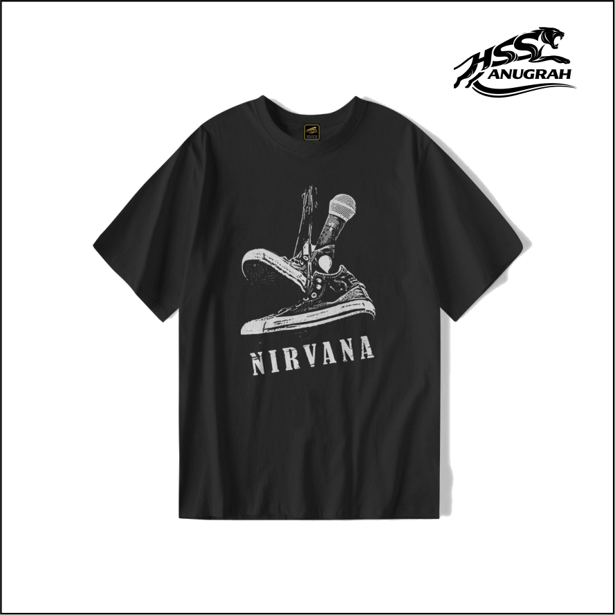 Kaos Distro Band Nirvana – T-Shirt Hitam Desain Shoes & Mic Nirvana Cotton Premium 06 HSS Anugrah