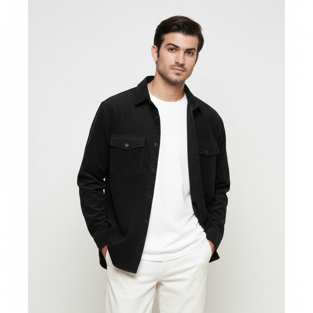 Kemeja Corduroy Pria Premium Lengan Panjang Polos HITAM Casual Shirt Outer