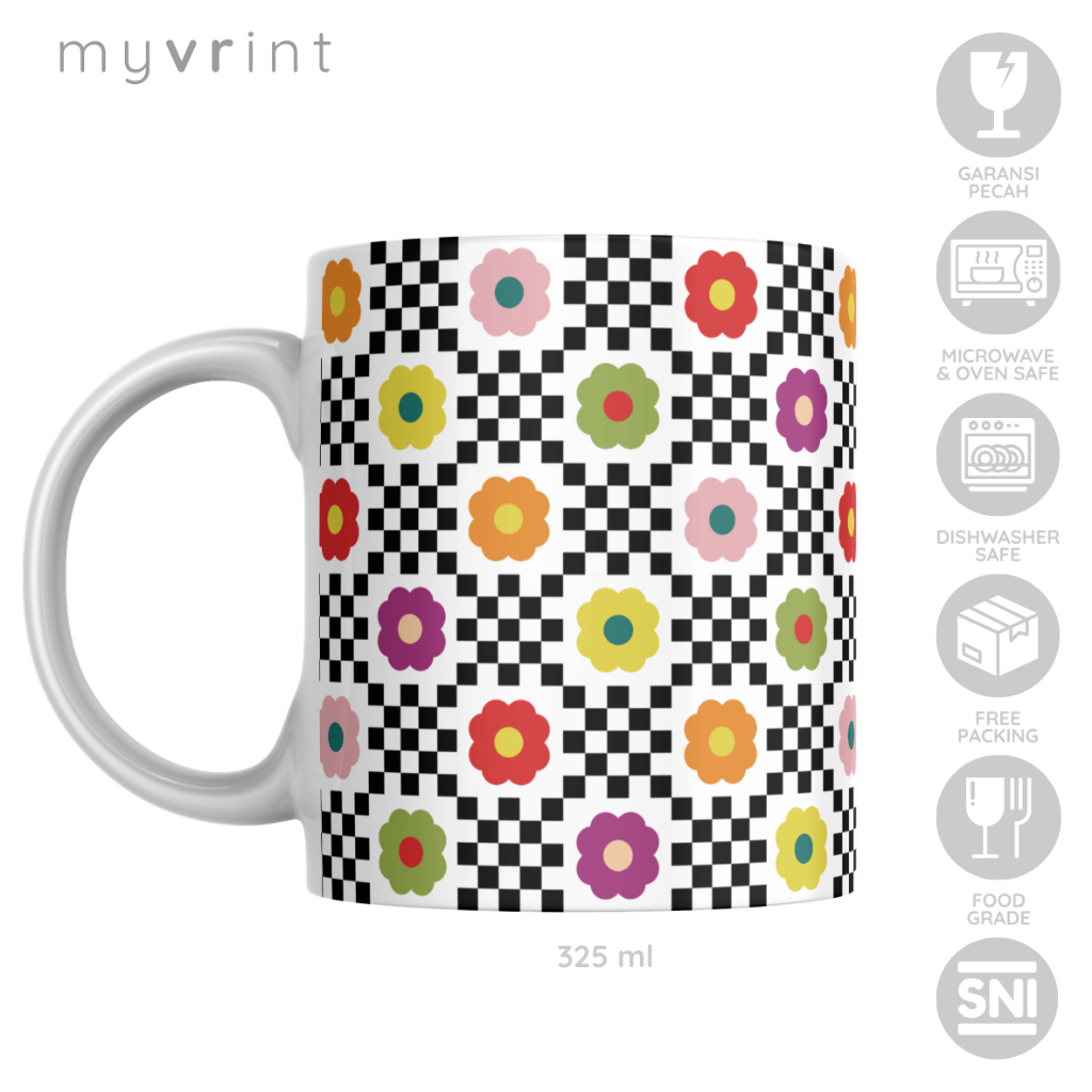 Mug Custom Keramik Motif Kotak-kotak Hitam Bunga Warna-warni Gelas Kopi Cangkir Teh Minum Air Lucu U
