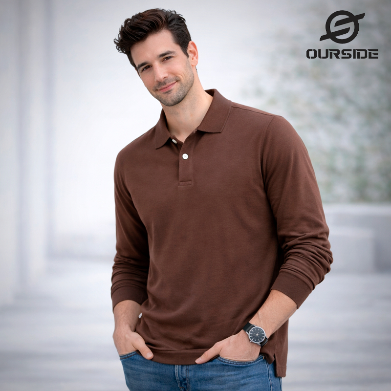 OURSIDE - Kaos Polo Shirt Pria Berkerah Lengan Panjang Coklat
