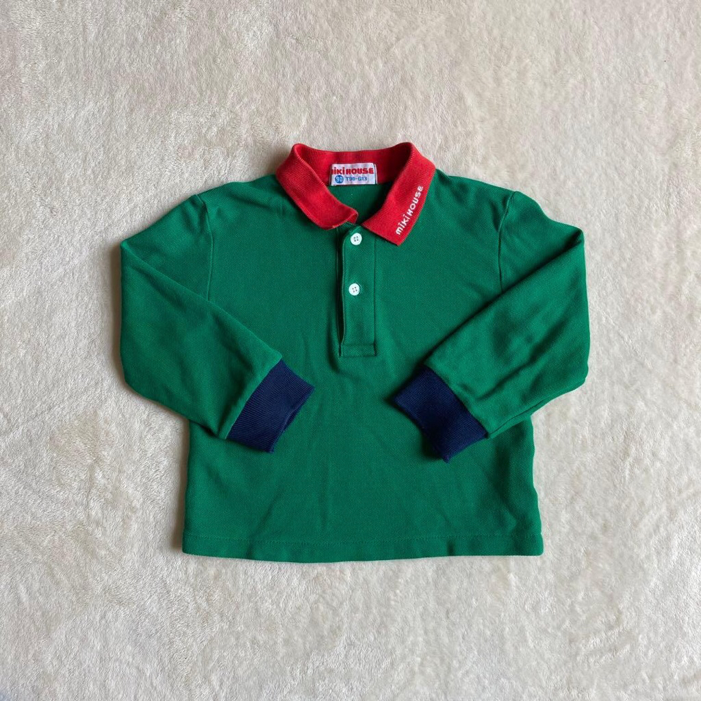 Kemeja polo MIKI HOUSE lama, lengan panjang, hijau dan merah, ukuran 90cm