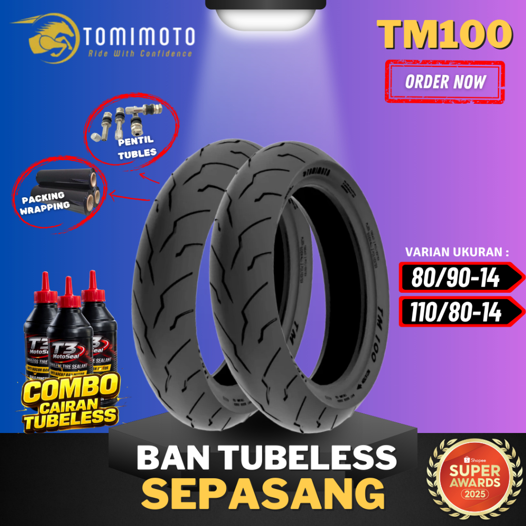 [SEPASANG MURAH] BAN TOMIMOTO MURAH TM100 RING 14 / ( 80/90-14 & 110/80-14 ) BAN TOMIMOTO TUBELESS T