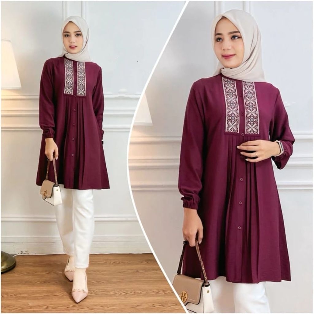 Tunik Wanita Crinkle airflow/Baju tunick Ful kancing Busui Friendly/Tunic Motif renda bordir kekinia