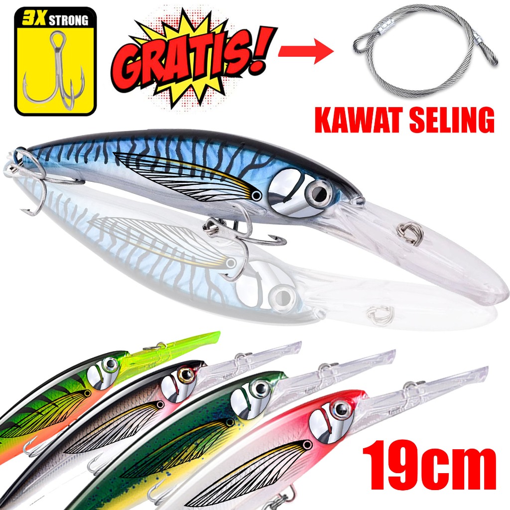 UMPAN TROLLING MINNOW 19CM GRATIS KAWAT ANTI PUTUS PANCING TENGGIRI TUNA MARLIN PANCING CASTING