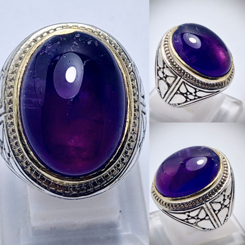 CINCIN BATU PERMATA KECUBUNG UNGU KALIMANTAN JUMBO NATURAL AMATHYES QUARTZ KODE 03634