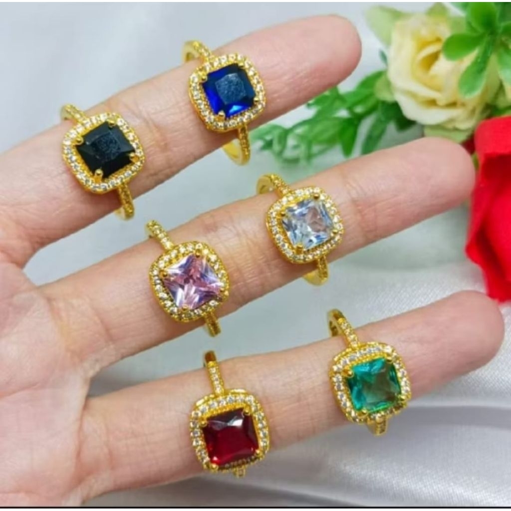 cincin wanita titanium batu permata motif kotak mewah dan elegan