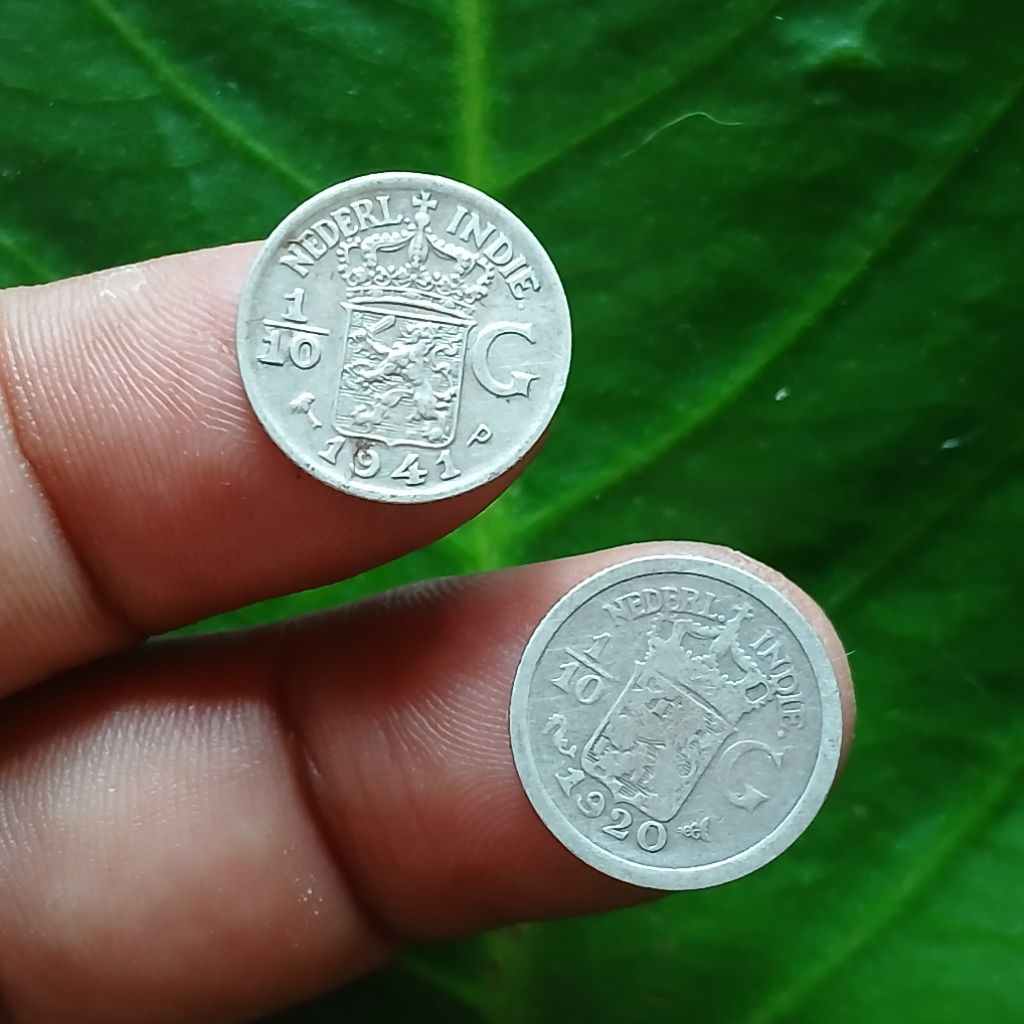 Koleksi 2 Biji Koin Perak Kuno Nederland Indie 1/10 Gulden