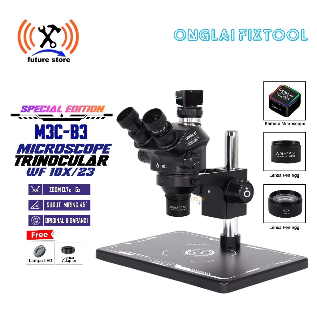 Onglai Fixtool M3C-B3 Microscope Trinoculer [ FREE LAMPU LED + CTV ADAPTOR ] + LENSA PENINGGI 0,5X /