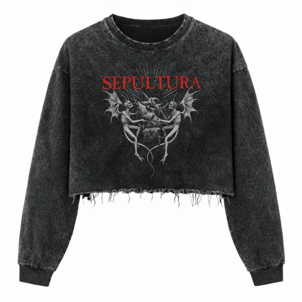 Psycho Crucify "Sepultura" Crop Top Long Sleeve Oversized T-Shirt | Washing | Crop Tee Unfinished | 