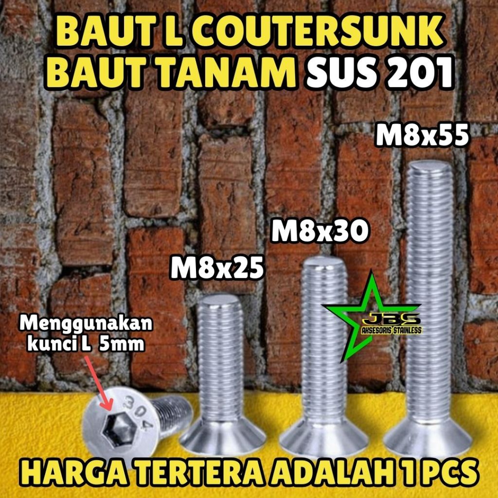 BAUT L TANAM VERSENG M8x30 | M8X55 STAINLESS SS 201 - BAUT L COUNTERSUNK