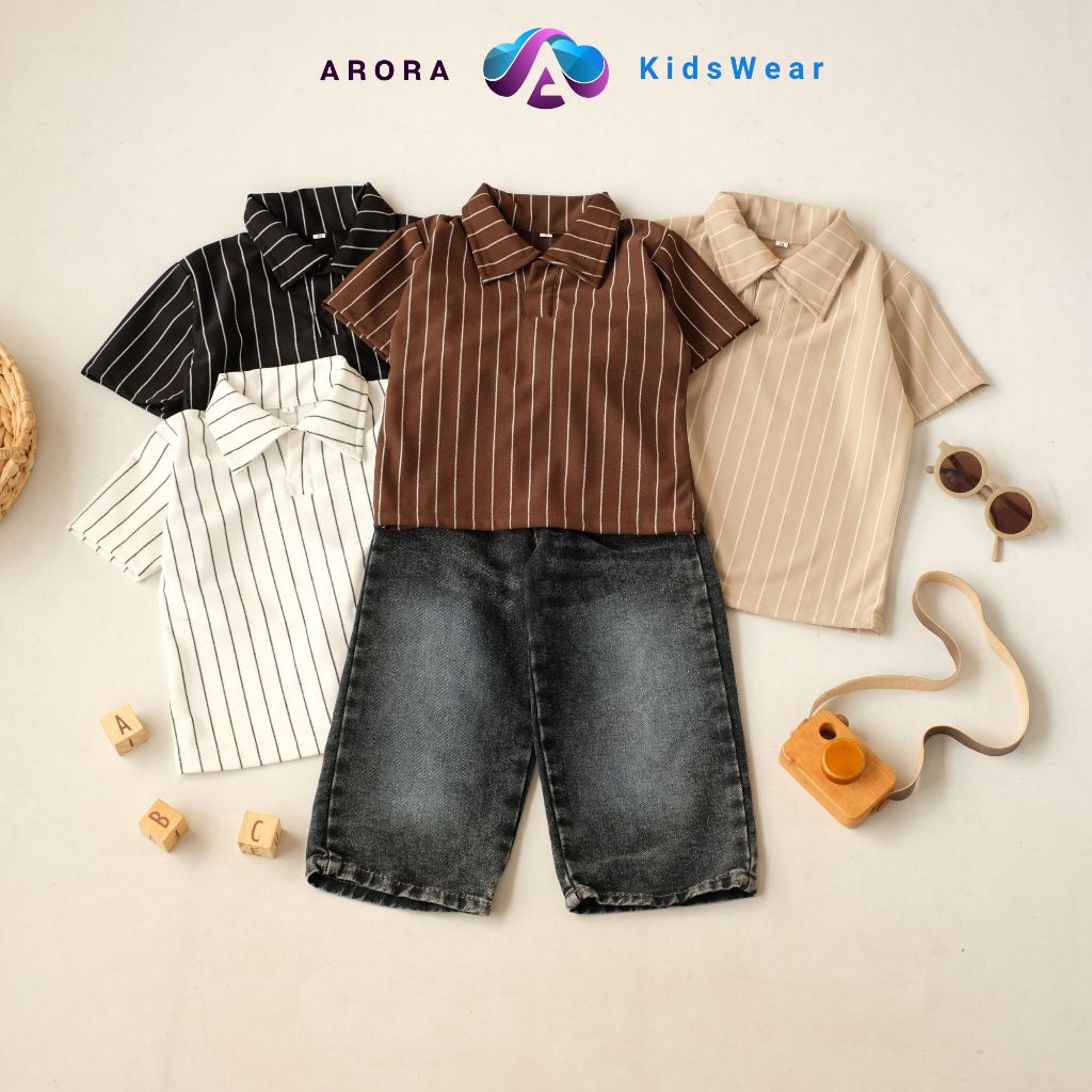 Set Kemeja Anak Cowok Lengan Pendek Baggy Jeans Gombrong Kaos polo Knit Strip 1-7 Tahun