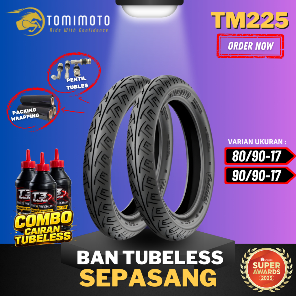 [SEPASANG MURAH] BAN TOMIMOTO TM225 RING 17 ( 80/90-17 & 90/90-17  ) BAN TOMIMOTO TUBELESS TUBLES RI