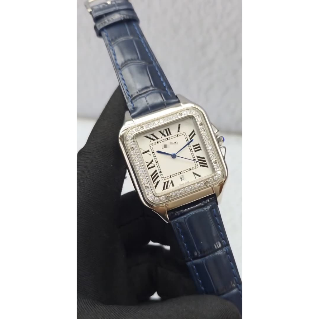 Jam tangan Luxury body swiss panthere Leather 36MM diamond bezel blue leather silver case Quartz bes