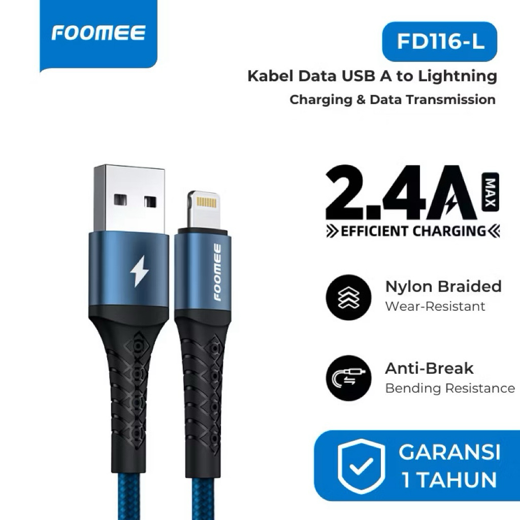 Foomee FD116-L Cable Data Lightning 2,4a Fast Charger Nylon Braided Fd116L