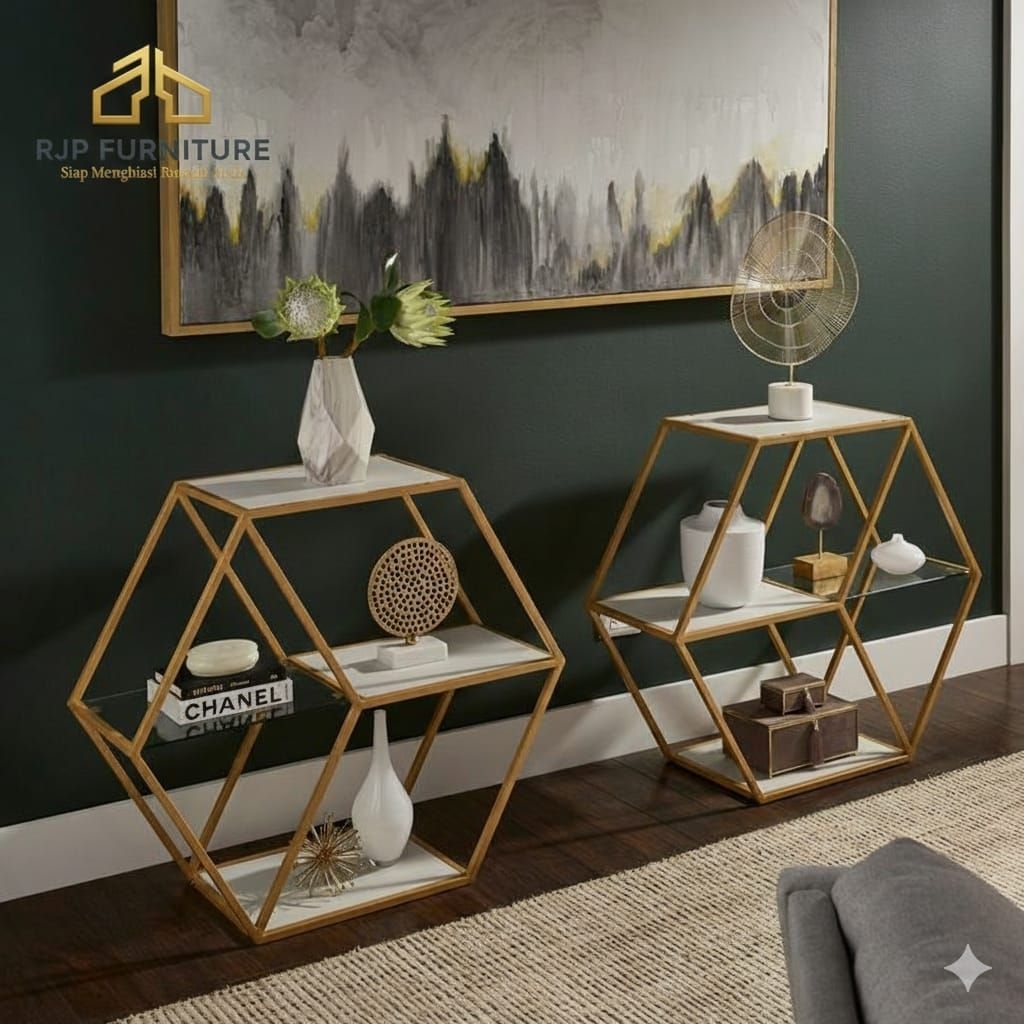 RJP FURNITURE Rak Meja Hexagonal Industrial Meja Hias Pajangan Ruang Tamu Mewah - Muala Kozi