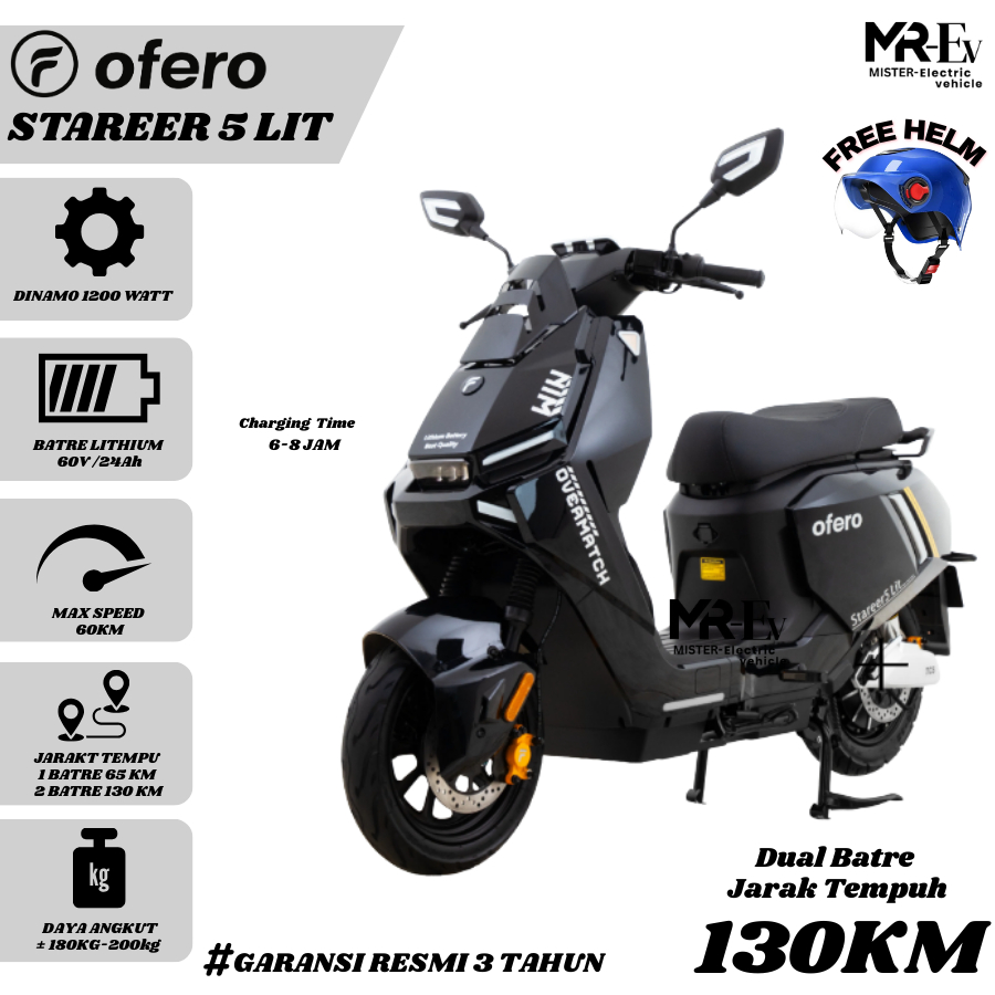 OFERO TERBARU Sepeda Listrik Stareer 5 Lit Dinamo 1200Watt 2 Baterai 130km Garansi 3 Tahun