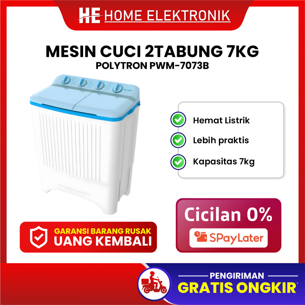 Mesin Cuci Polytron 2 Tabung 7 Kg PWM 7073 Twin Tube Garansi Resmi [Bisa paylater cicilan 0%]
