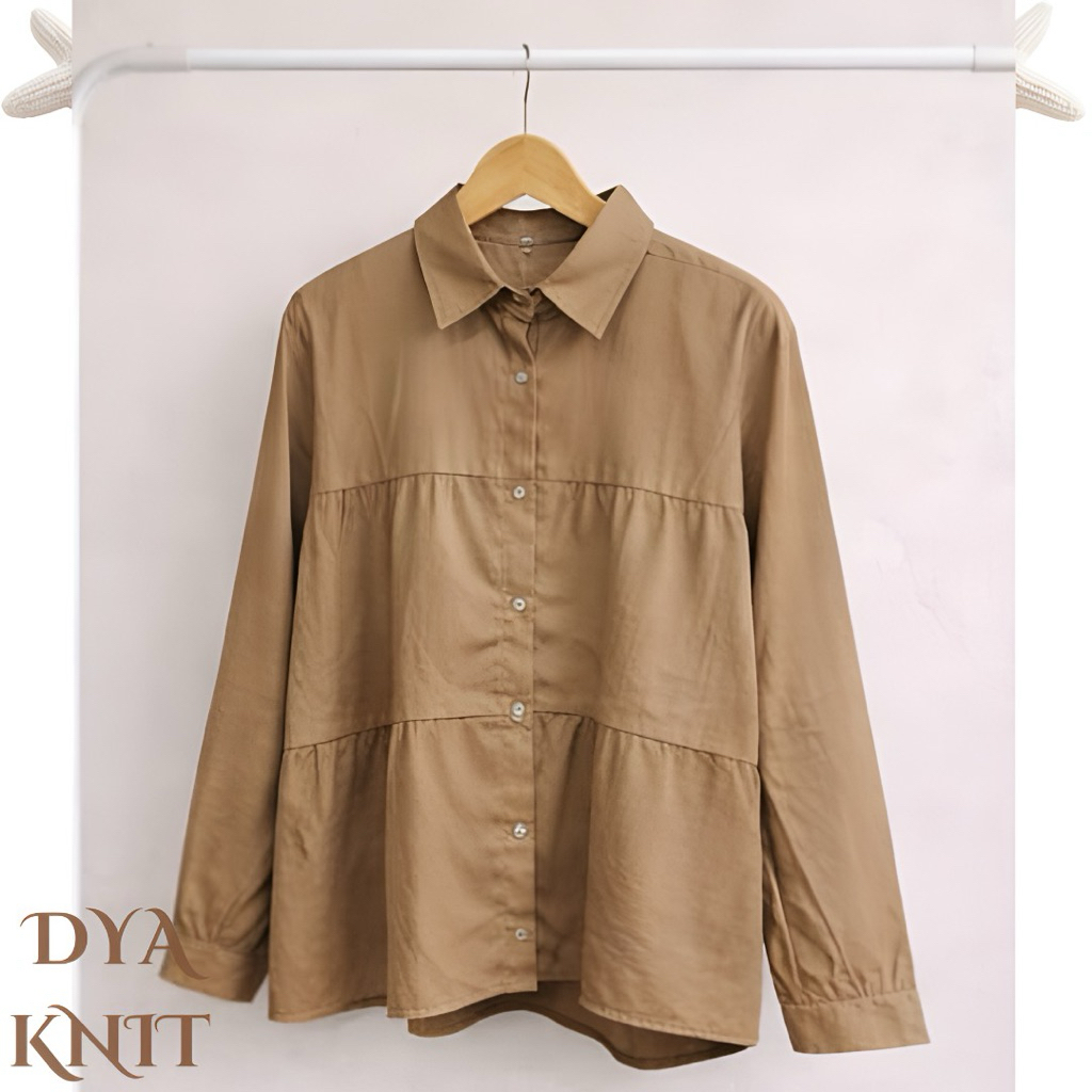 Tiered Kemeja Flanel Wanita Lengan Panjang Blouse Tunik Loose Fit Polos Casual