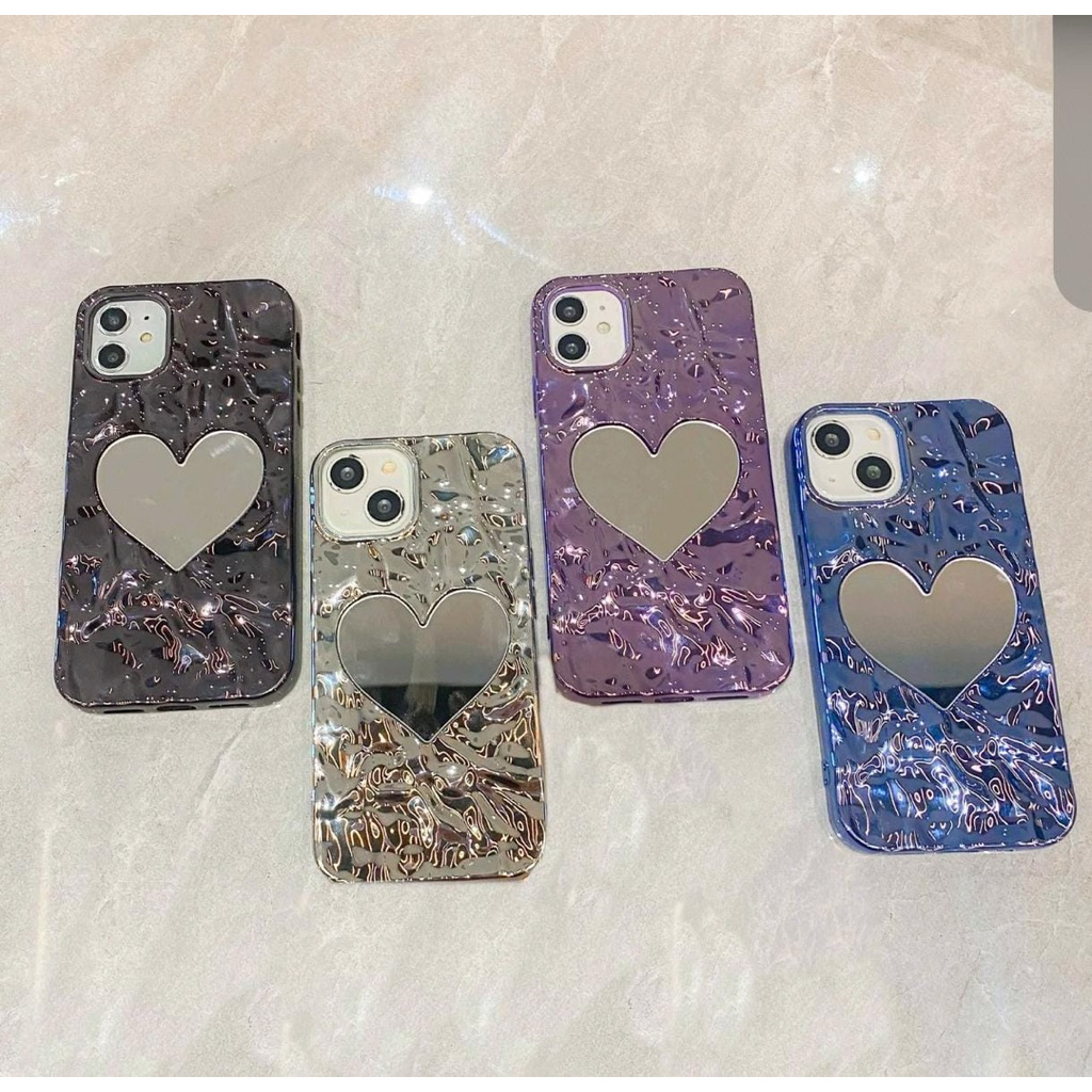 Love Miror 3D Case For iphone 12 13 14 15 Plus Pro Max Casing Lucu Gold Simpel Hati Kamera Protectio