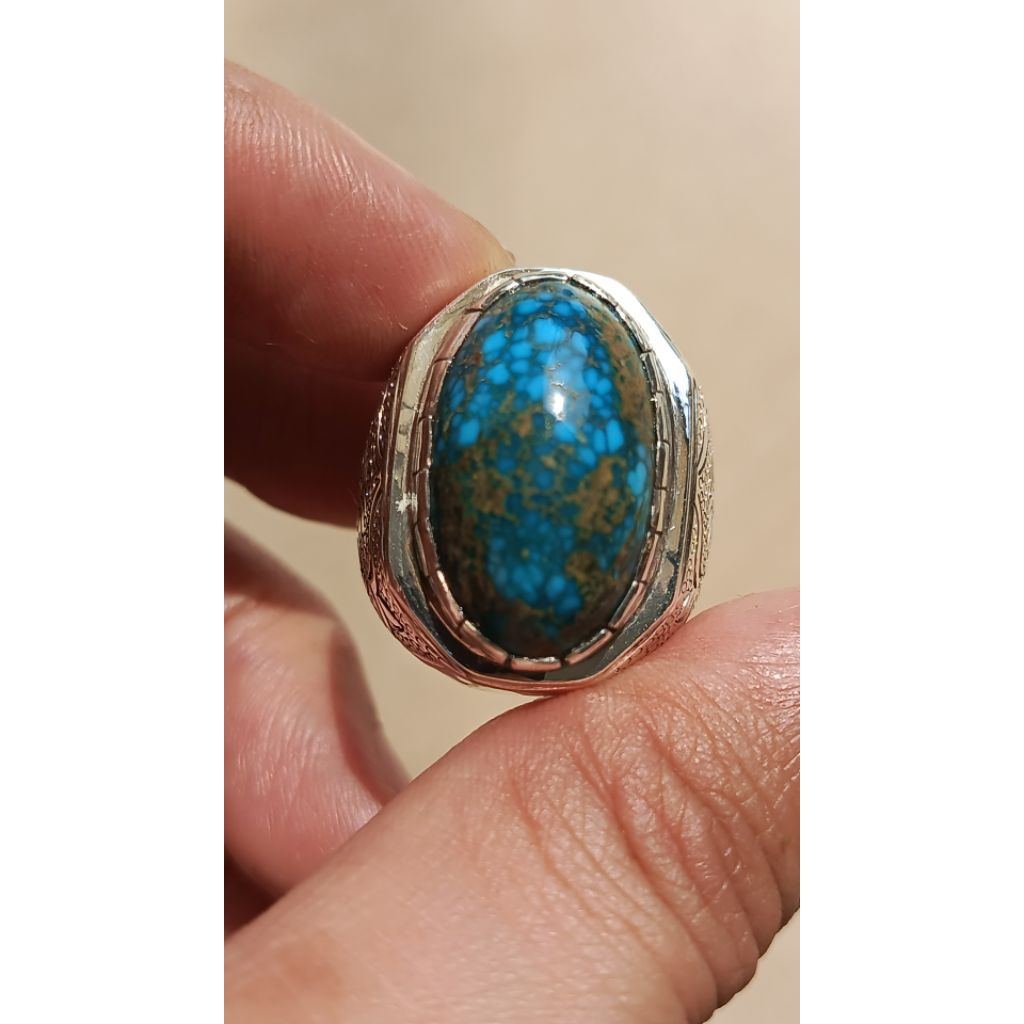 Natural Cincin Batu Pirus Persia Biru Kherman Serat Emas Langka Ring Perak Handmade lawasan tebal