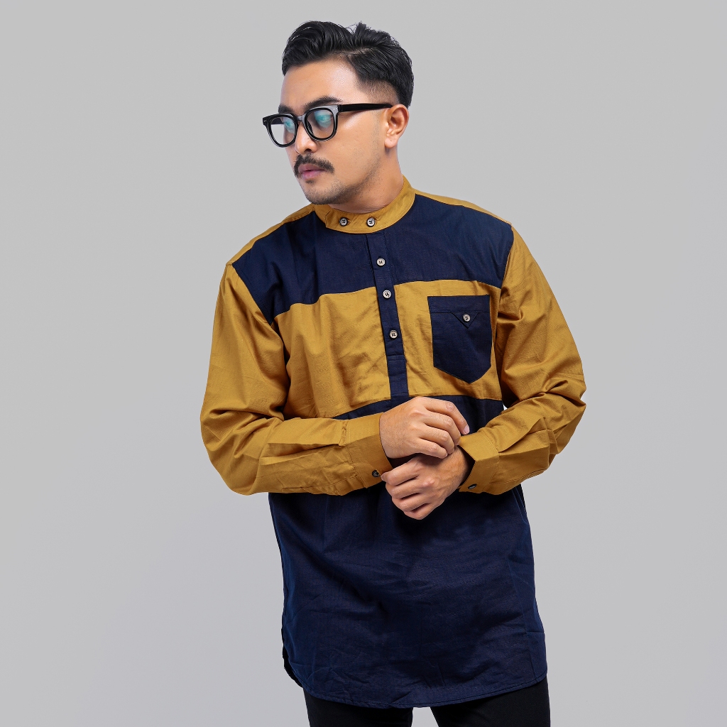 PAKAJI Baju Koko Pria Kombinasi Katun Cigarette Lengan Panjang Mustard Navy Kemeja Koko 6748