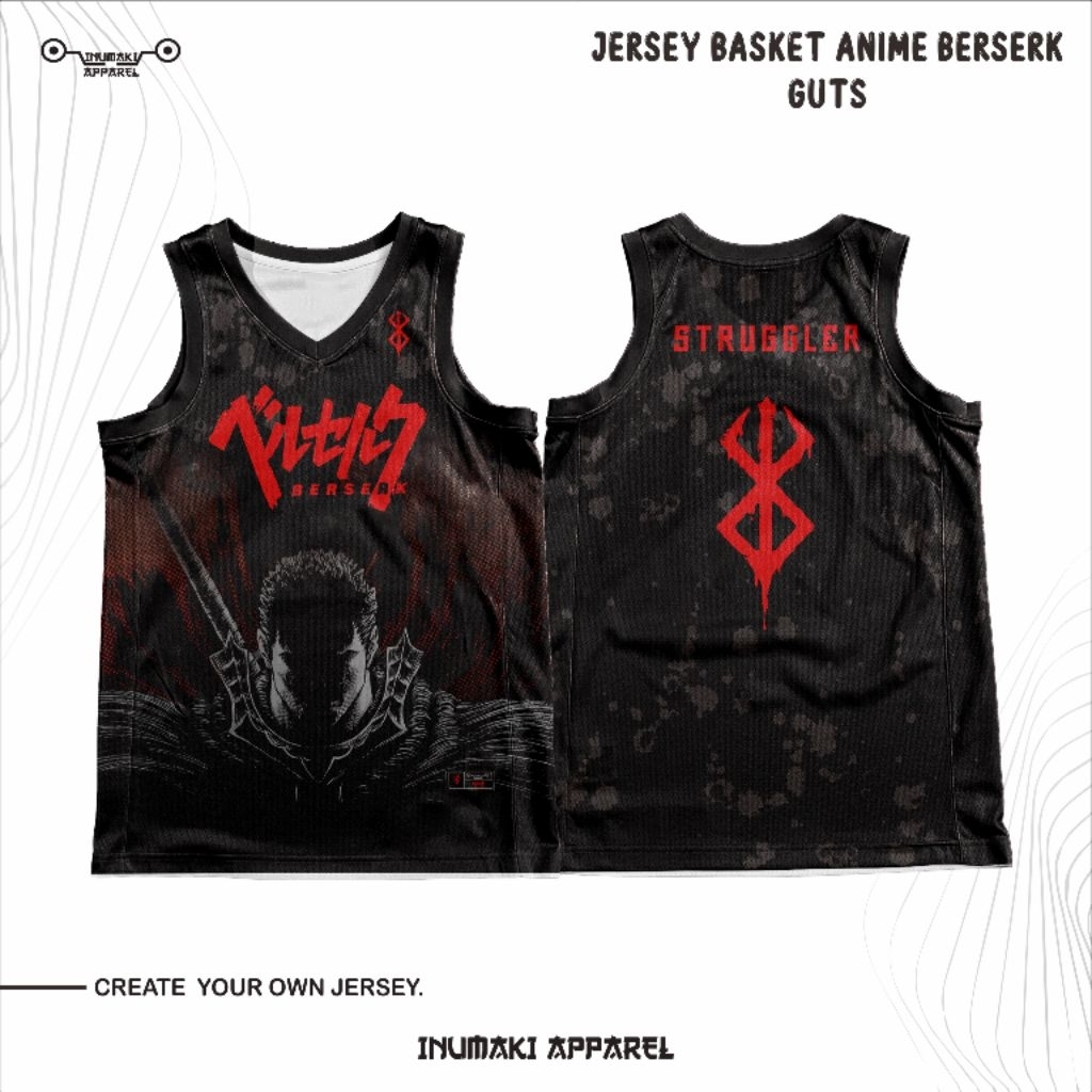 [COD] Jersey Basket Custom Cosplay Anime Berserk - Guts Bisa / Free Custom Nama , No punggung , Desa