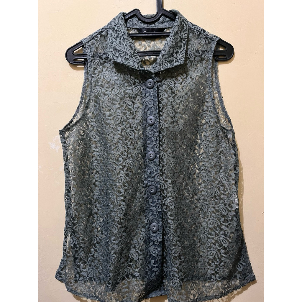 Kemeja Lace Tanpa Lengan Vintage Grey - Atasan Brokat Transparan Sleeveless Blouse Wanita Retro