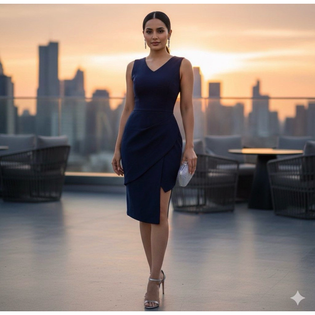 Navy Midi Dress / Gaun Pesta Slit Sexy / Vneck Dark Blue Dress / Dress Biru