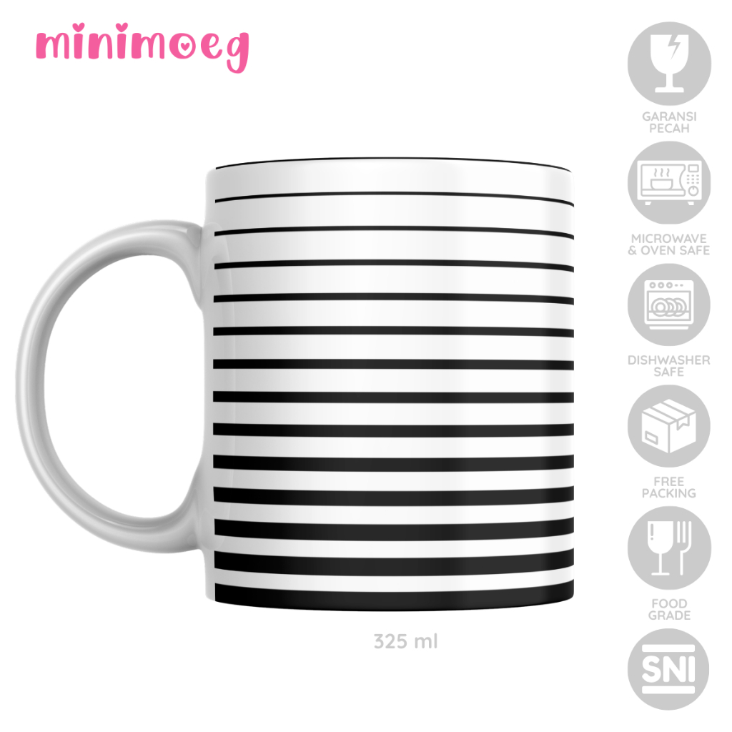 Mug Custom Motif Garis Gelas Monokrom Hitam Putih Cangkir Kopi Unik Gelas Aesthetic Minimalis