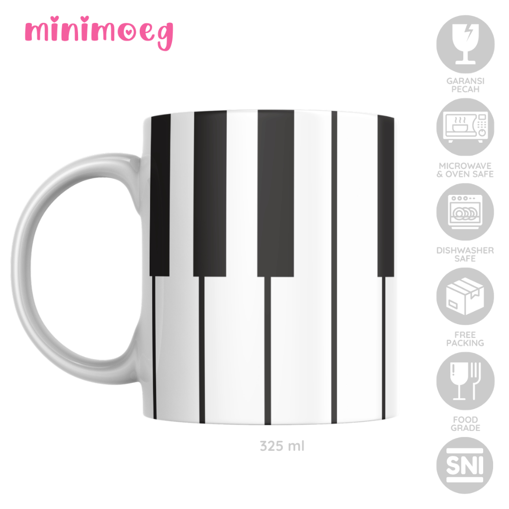 Mug Custom Motif Piano Gelas Kopi Teh Cangkir Lucu Gambar Piano Hitam Putih Monokrom Musik Gelas Aes
