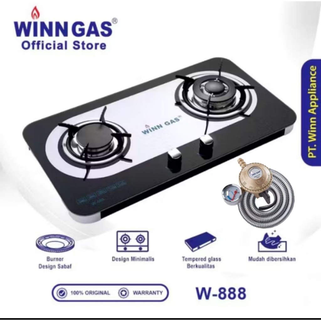 WINN GAS W888  WINN GAS KOMPOR GAS  KACA  2 TUNGKU W 888  KOMPOR OTOMATIS