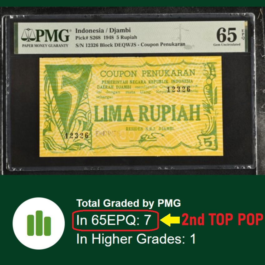 LANGKA Indonesia Djambi 5 Jambi 5 Rupiah, 1948, 2nd TOP POP PMG 65 EPQ Gem UNC, P# S268