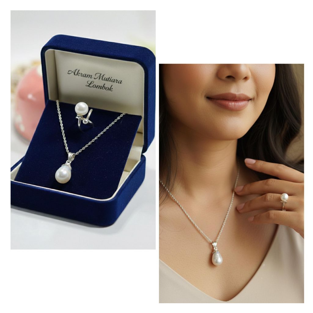 Satu set perhiasan perak Mutiara air laut