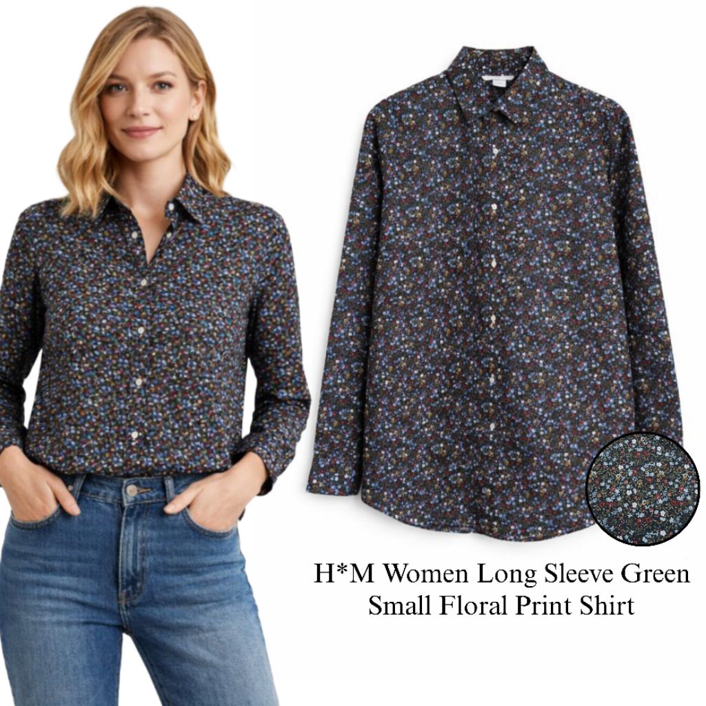 H*M Women Long Sleeve Green Small Floral Print Shirt/Kemeja Wanita Branded Fulltag/Kemeja Terbaru