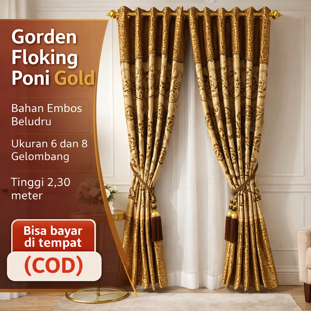 Gorden Blackout Floking Poni Motif Beludru Timbul Warna Kuning Emas/Premium/Tebal/Pakai Ondas/12 Rin