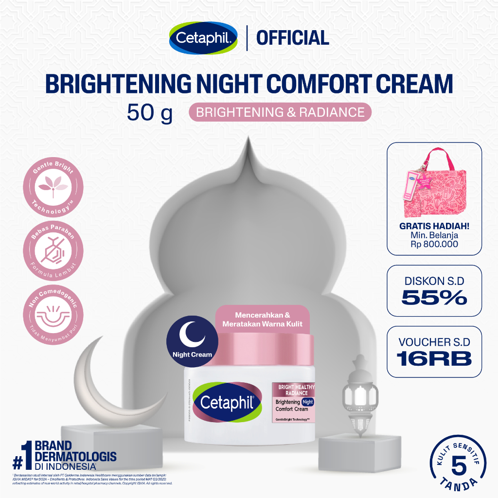 Cetaphil Bright Healthy Radiance Brightening Night Comfort Cream 50g dengan Glycerin, Niacinamide, d