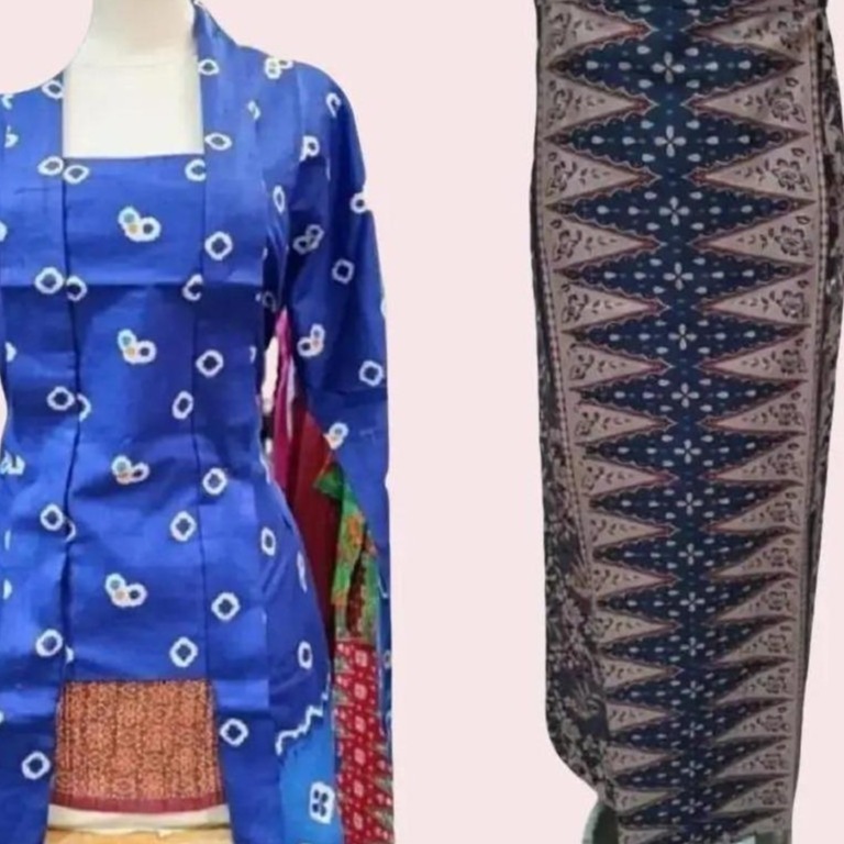 Setelan Kebaya Model Kutu Baru Modern Jumputan Bahan Kain Katun Batik Warna Biru