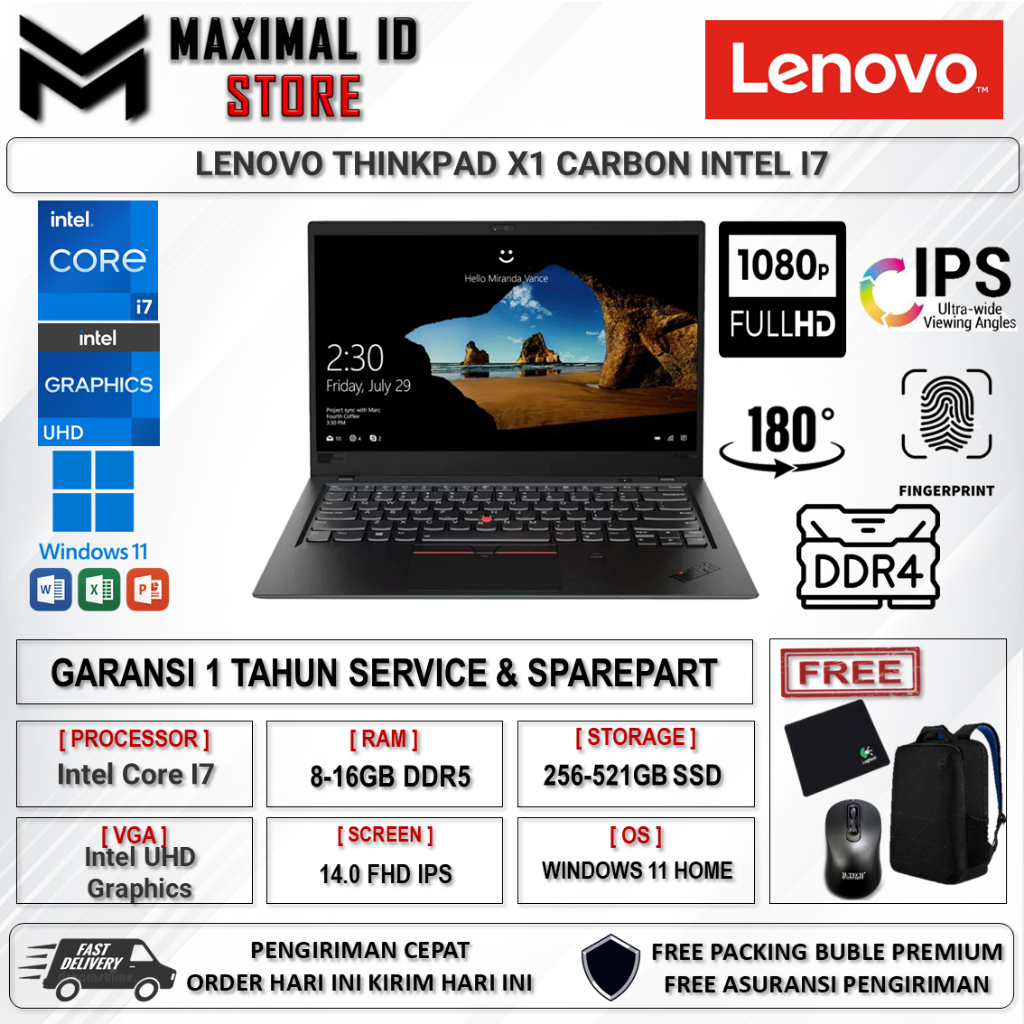 Laptop LENOVO THINKPAD X1 CARBON INTEL I7 6600U 16GB 256GB 14.0 FHD WIN10PRO