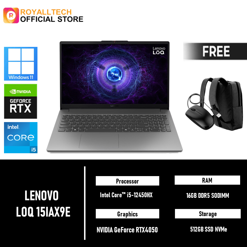 LENOVO LOQ 15IAX9E I5 12450HX RTX3050 4GB/ 16GB 512GB WINDOWS 11 15.6FHD INCH LAPTOP GAMING MURAH