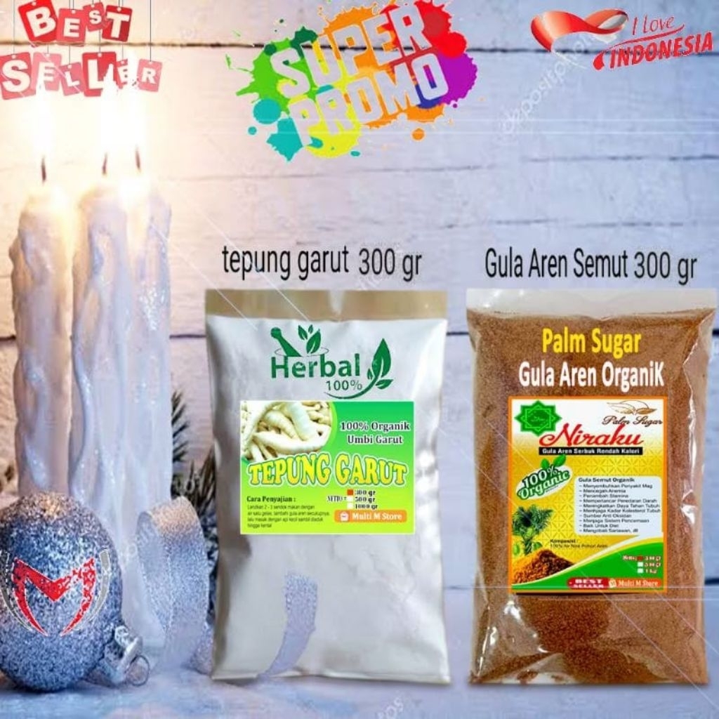 PAKET 300 Gram Tepung Pati Garut Premium | 300 Gram Gula Aren Semut Alami Dan Murni