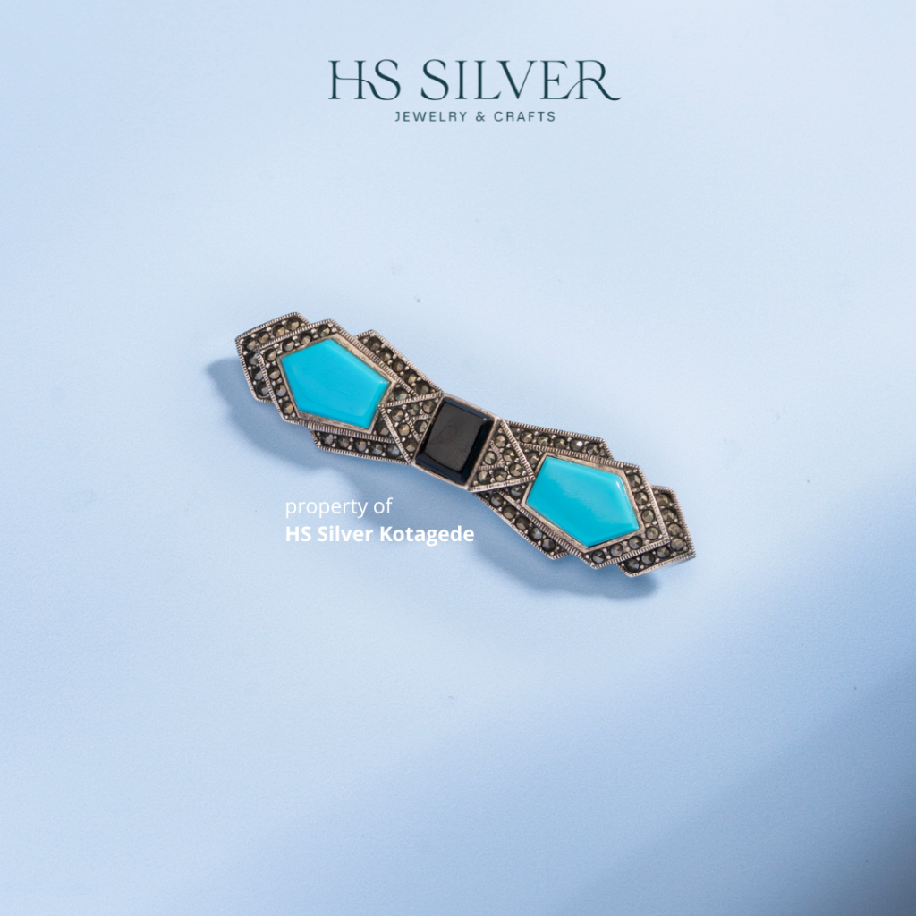 Bross HIjab Perak Bakar Solid Silver 925 Asli  Batu Turquoise & Onyx | HS SILVER