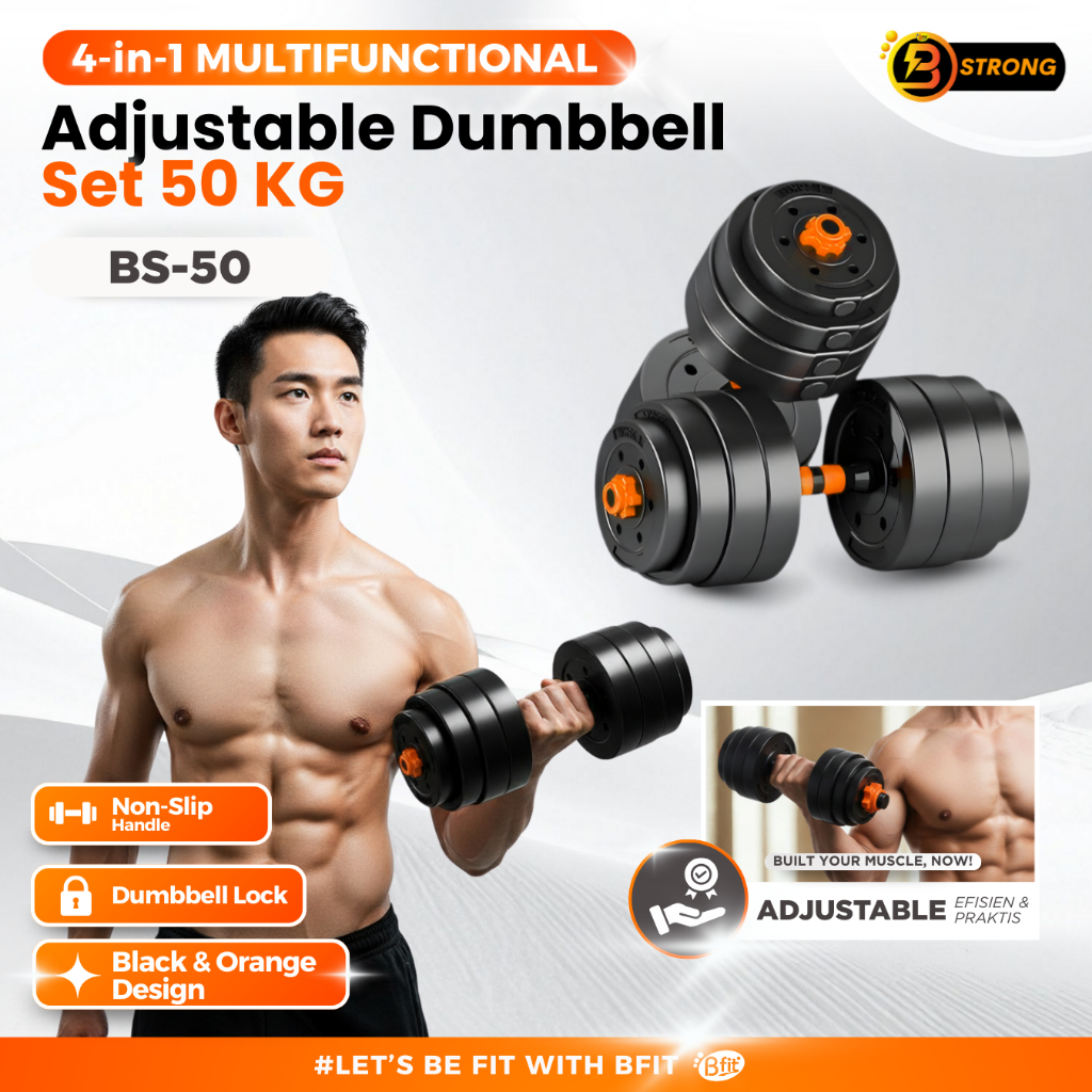 B-STRONG BS-50 Adjustable Dumbbell Set 50KG - 4-IN-1 Barbell Kettlebell Push-Up Alat Fitness Gym