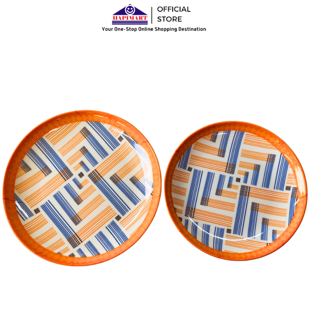 Piring Melamine Bulat Motif Garis Orange Biru/Piring Makan Rumahan Bahan Melamin